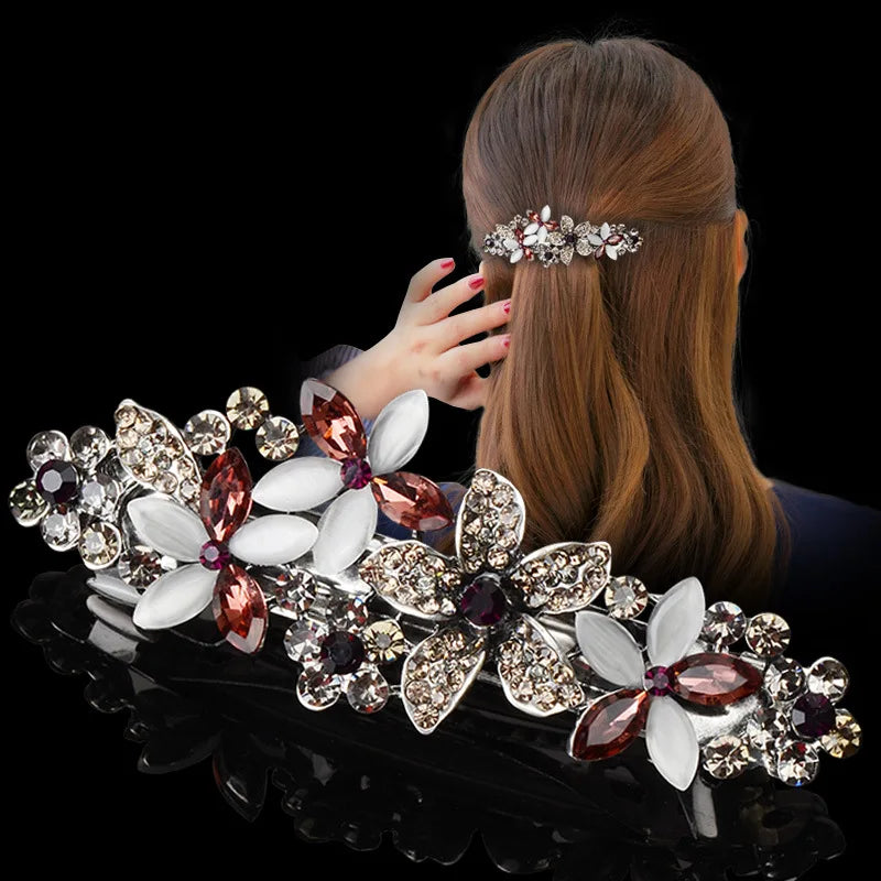 Retro Design Flower Spring Clip Handmade Shiny Rhinestone Hair Clips