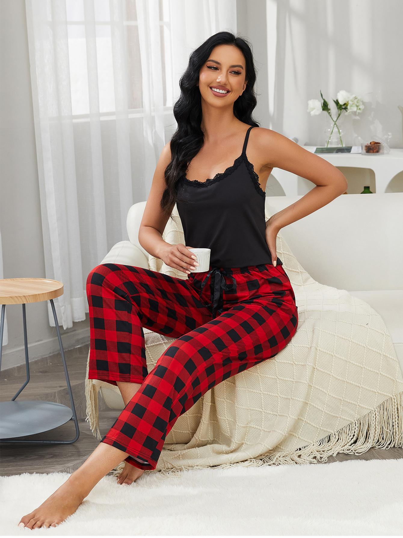 Lace Trim Cami and Plaid Pants Lounge Set- Shopimist- {{Product type}}