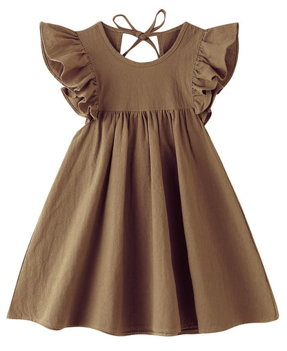 Linen Ruffle Toddler Dress - Sleeveless Tie-Up Back - - dress