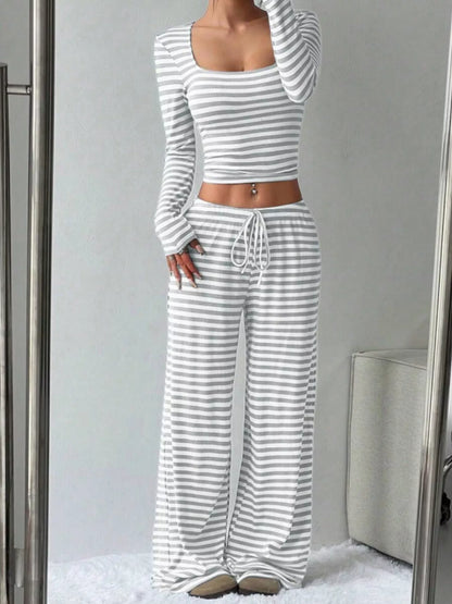 Striped Long Sleeve Crop Top & Wide Leg Pants Set- Shopimist- {{Product type}}