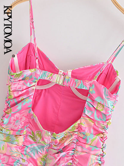 Floral Print Pleated Mini Dress - - dress