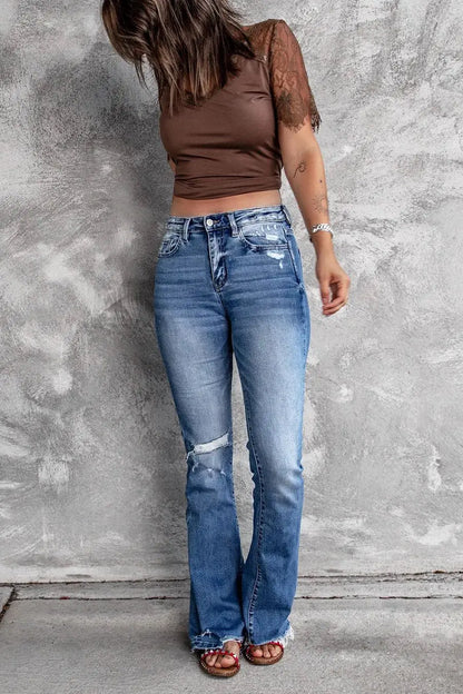 Women Holes Ripped Tassel Flare Jeans Hollow Out High Waist Wide Leg Denim Jeans