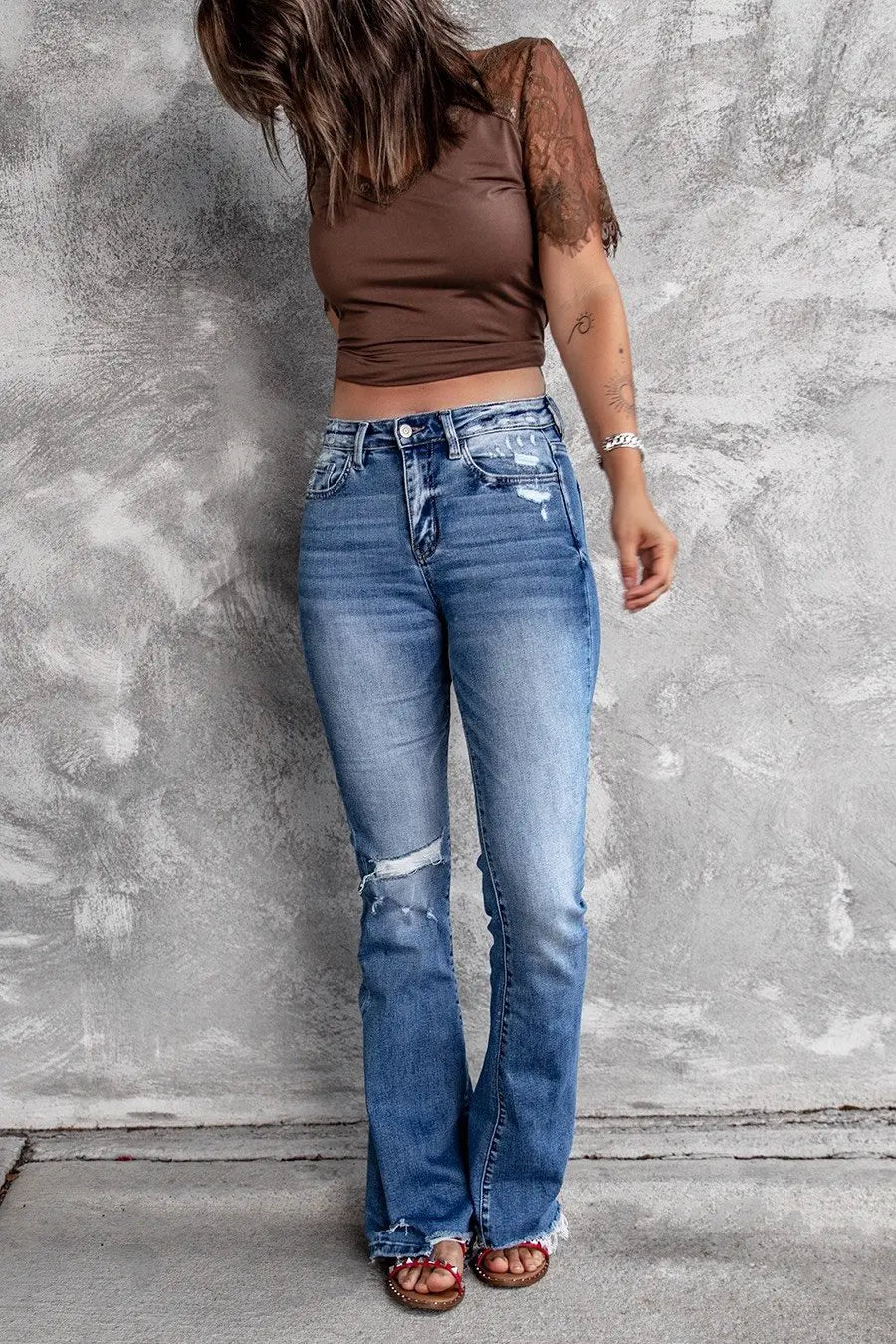 Women Holes Ripped Flare Jeans Hollow Out High Waist Wide Leg Denim Jeans