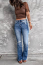 Women Holes Ripped Tassel Flare Jeans Hollow Out High Waist Wide Leg Denim Jeans Light Blue