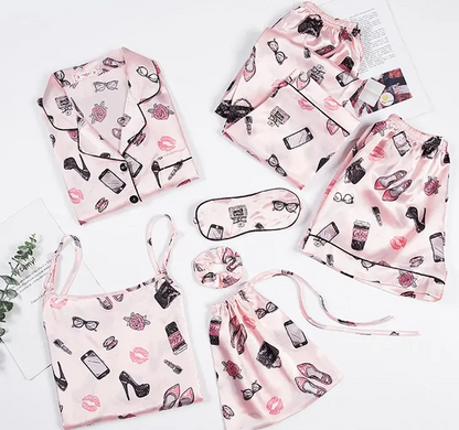 7pc Long Sleeve Pajama Sleepwear Sets Black Pink