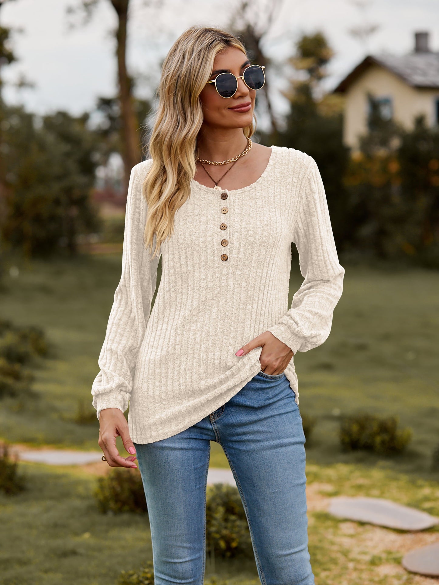 Round Neck Button-Down Long Sleeve Tee - -
