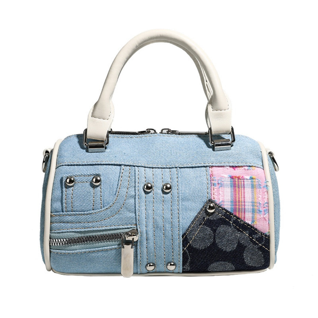 Boston bag women, design splicing pink small tote purse, girl versatile fashion handbag - -