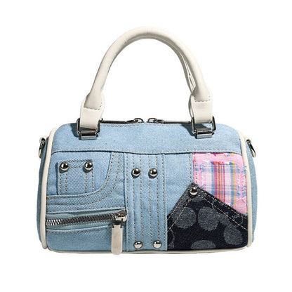 Boston bag women, design splicing pink small tote purse, girl versatile fashion handbag - -