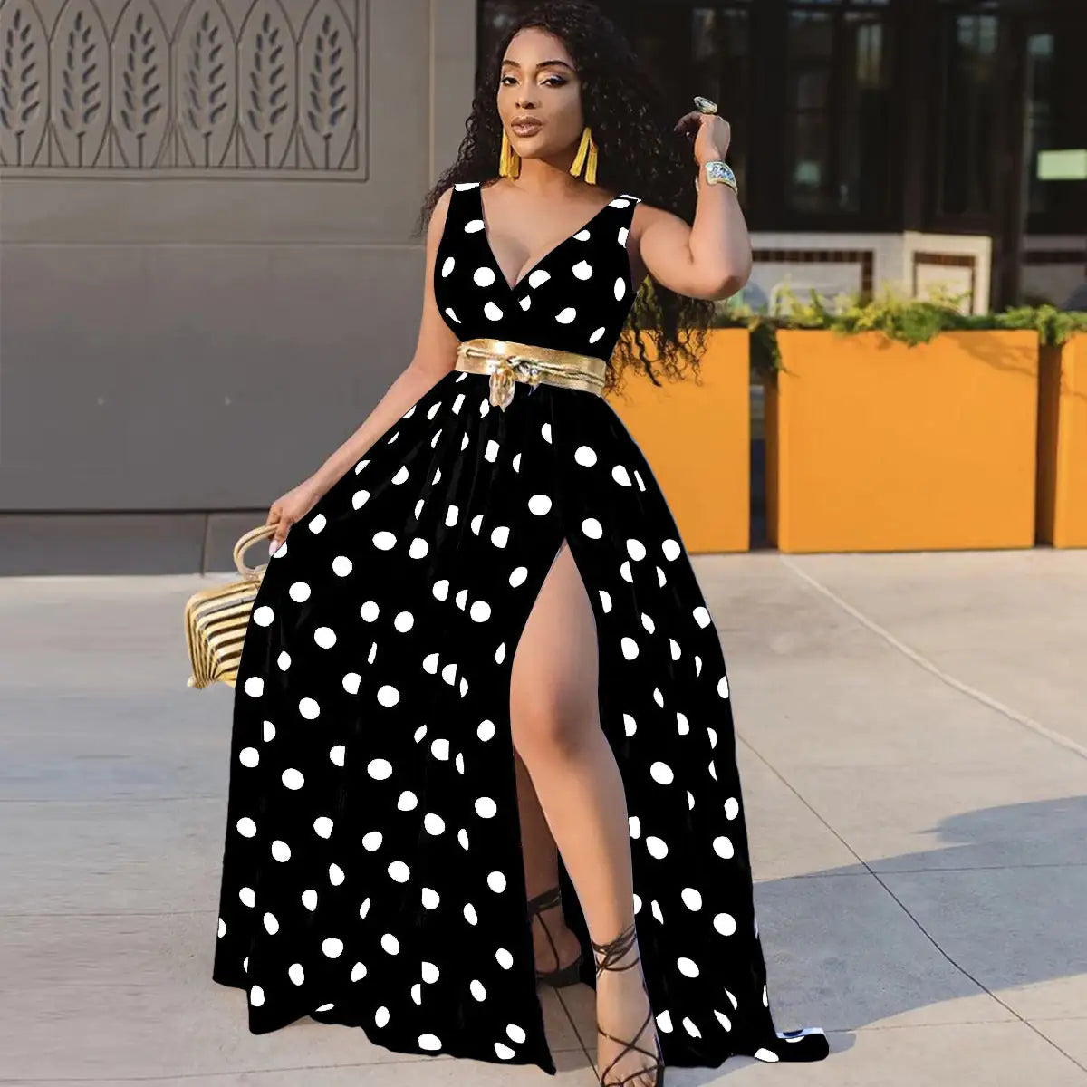 Polka Dot Sleeveless Slit Dress - - dress