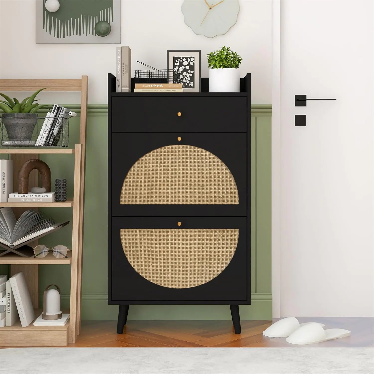 ZeHuoGe Natural Rattan Shoe Cabinet with 2 Flip Drawers Black Shoe Rack Storage Cabinet for Heels Slippers Free Standing Shoe Rack for Entrance Hallway (Black) Kia Day Design
