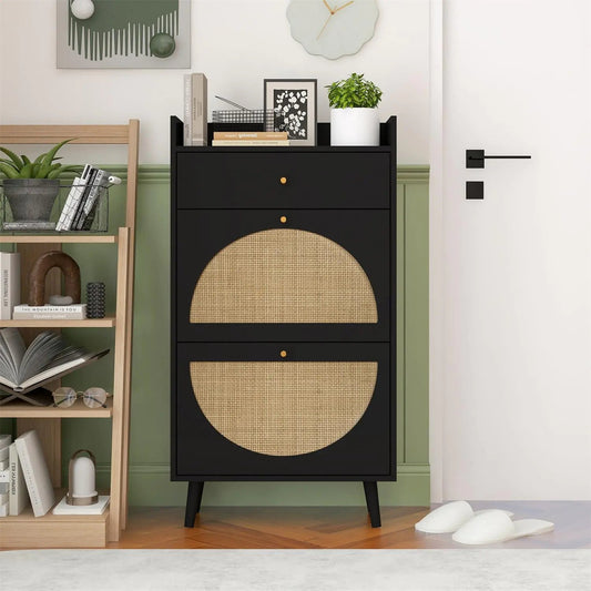 ZeHuoGe Natural Rattan Shoe Cabinet with 2 Flip Drawers Black Shoe Rack Storage Cabinet for Heels Slippers Free Standing Shoe Rack for Entrance Hallway (Black) Kia Day Design