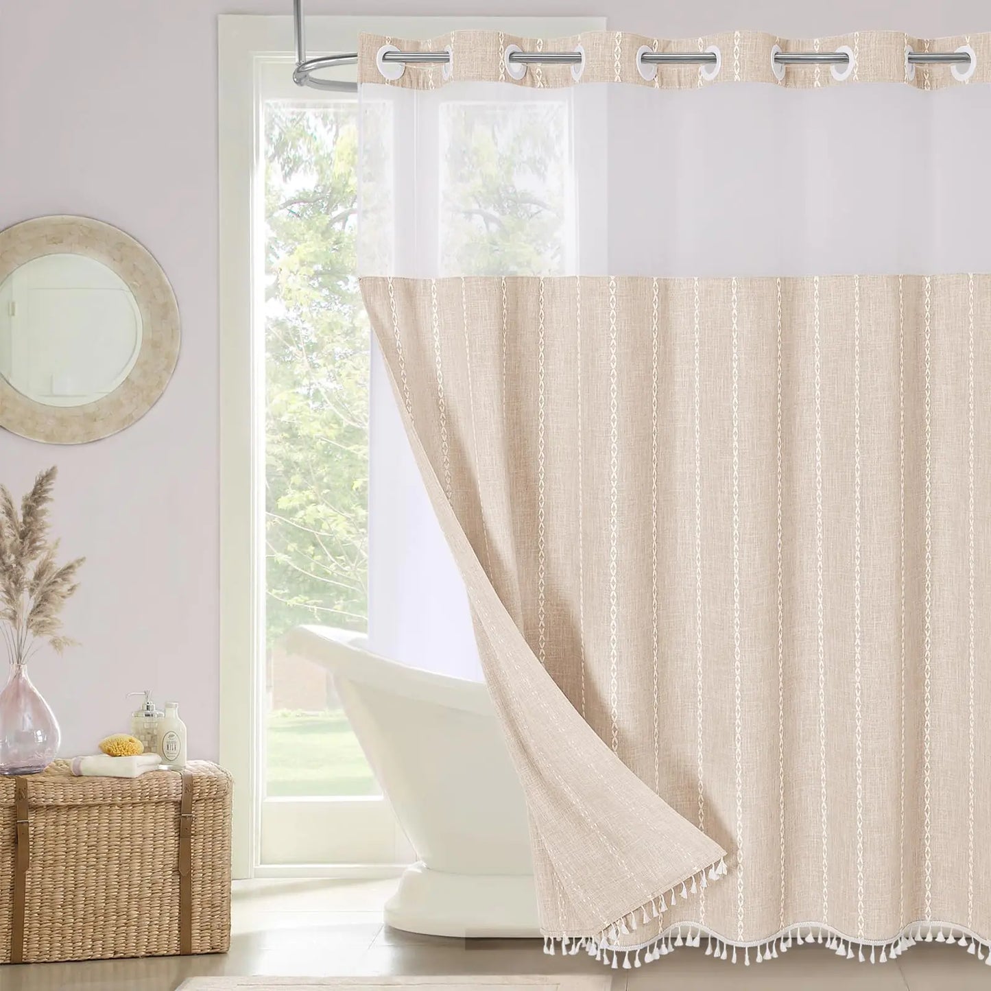 No Hooks Needed Farmhouse Shower Curtain with Snap-in Liner - with Window & Magnets Boho Cotton Linen Fabric Shower Curtains with Tassels for Rustic Bathroom Decor Beige/Cream 72 x 74 - Kia Day Design
