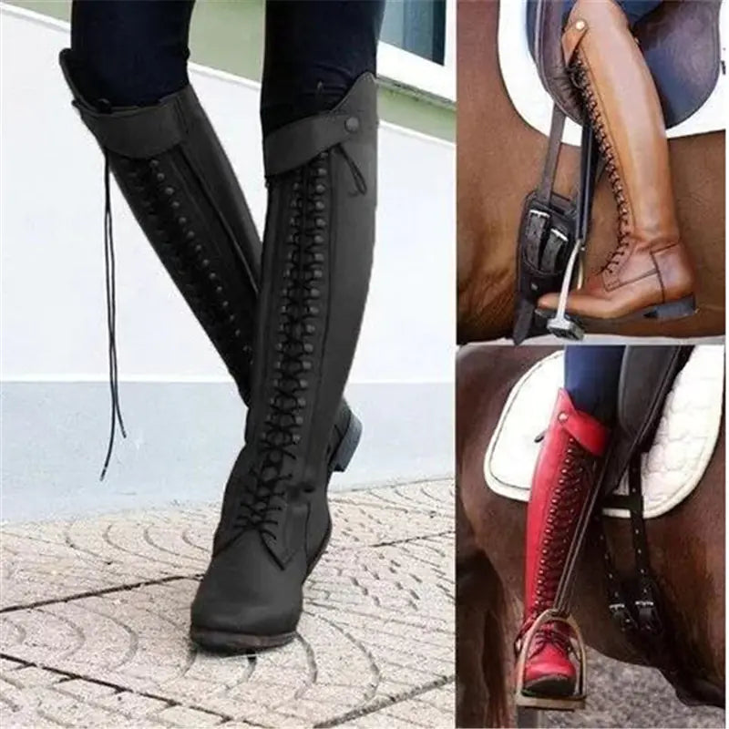 Knee-High Studded Lace-Up Chunky Heeled Boots - - heeled boots