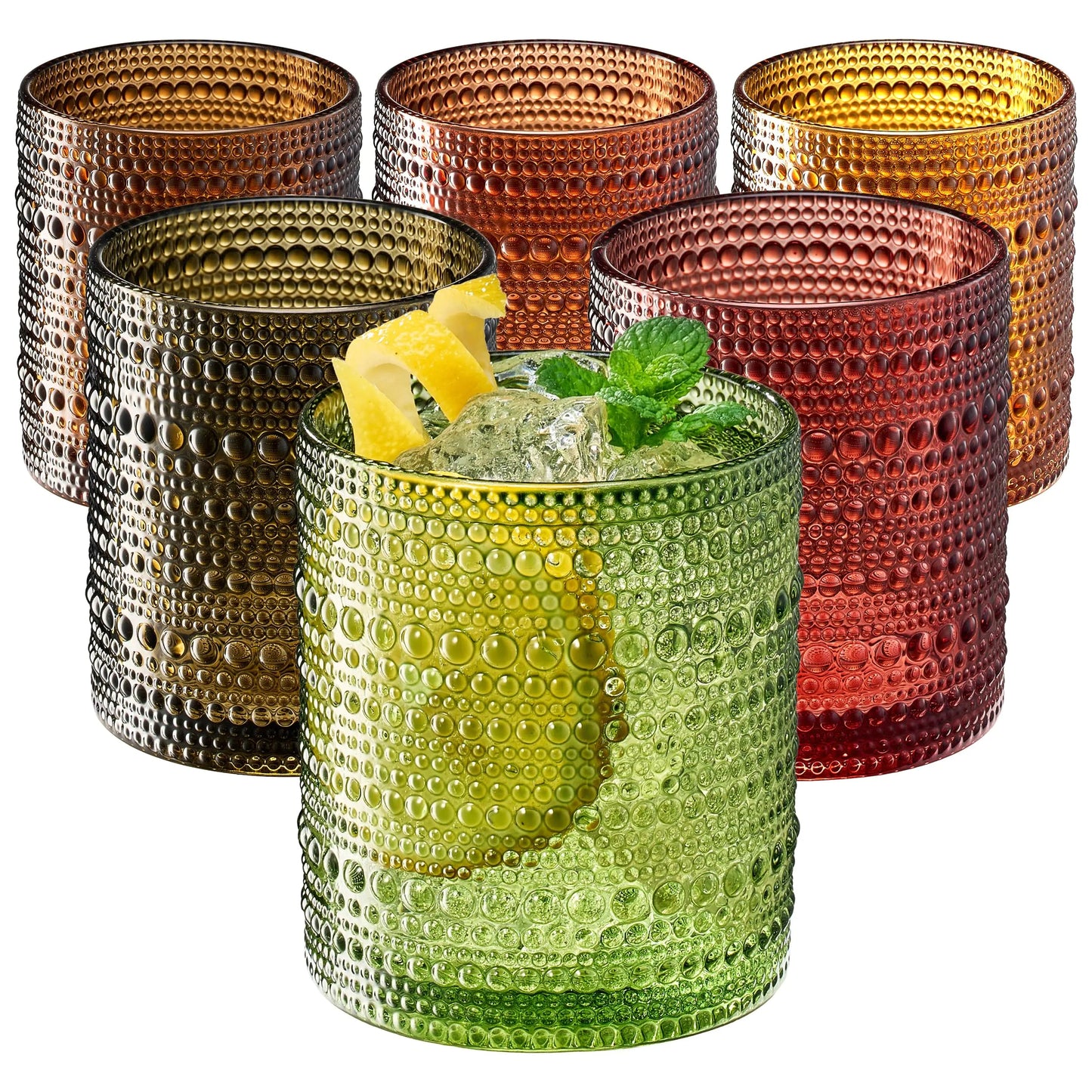 Set of 6 Hobnail Beaded Vintage Bubble Design Water Glasses - Muted Pastel Set of 6 - glassware