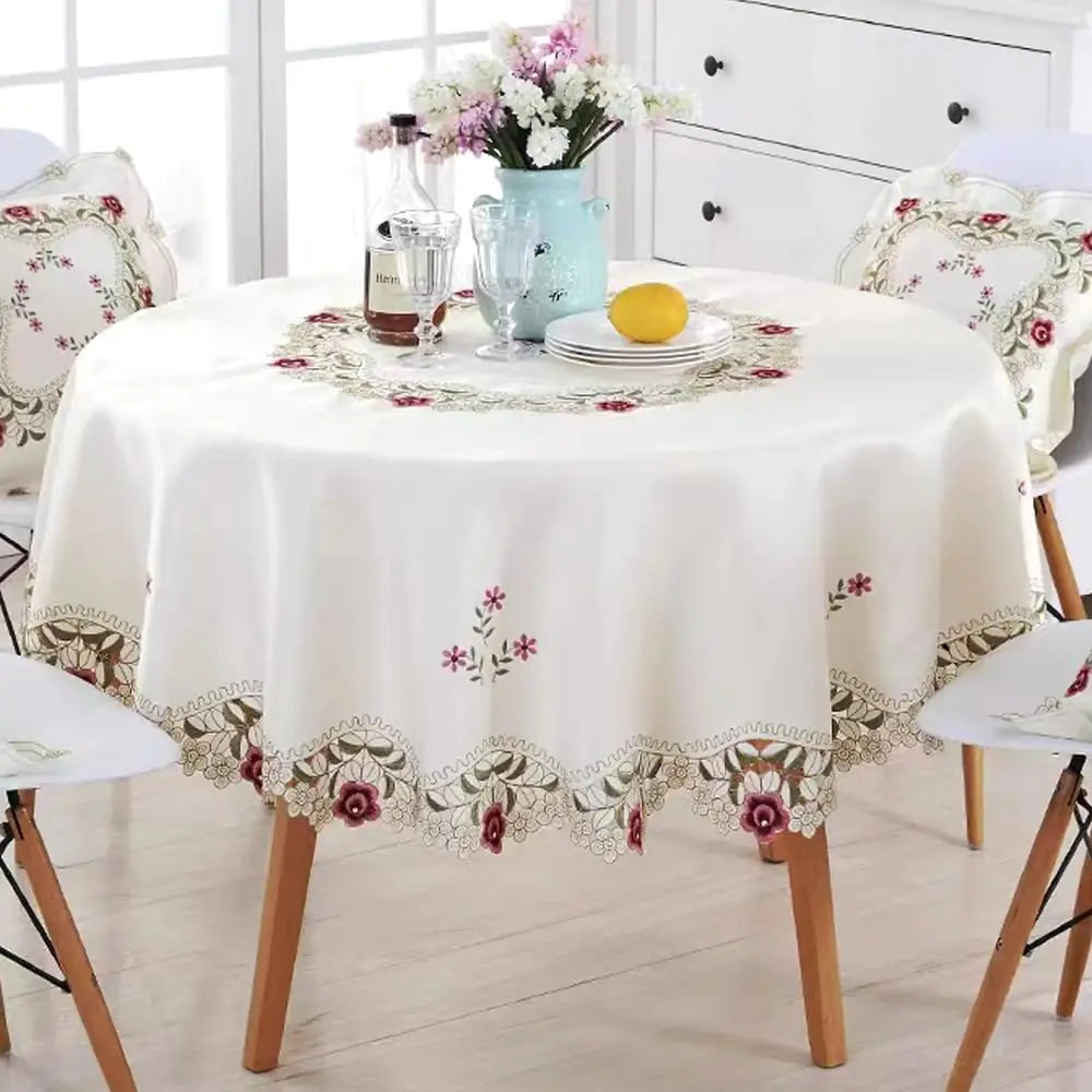 MULBESS Round Rose Embroidered Lace Tablecloth - Rose Pattern Round diameter 68 inch - table cloth