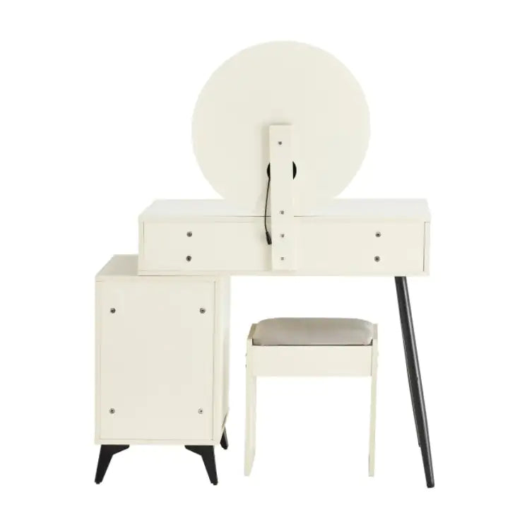 Fluted Makeup Vanity Desk With Round LED Mirror And Lights - - vanity