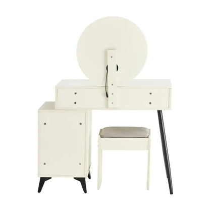 Fluted Makeup Vanity Desk With Round LED Mirror And Lights - - vanity
