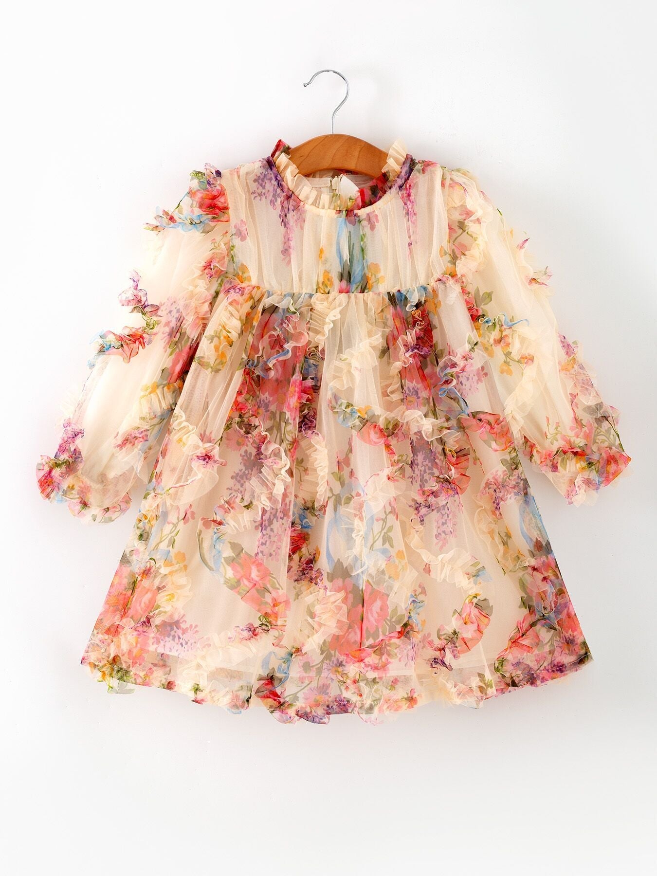 Pastel Flower Ruffle Layered Girls Dress - - Dress