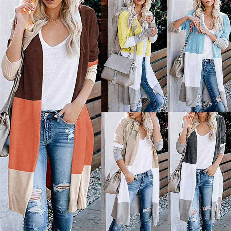 Long Sleeve Tri-Color Knit Sweater Mosaic Stripe Open Front Cardigan