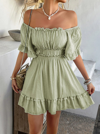 Square Neck Ruffle Trim Mini Dress - -