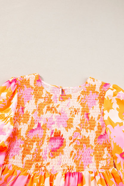 Orange Abstract Print Smocked Lantern Sleeve Ruffle Mini Dress - - Dresses/Mini Dresses