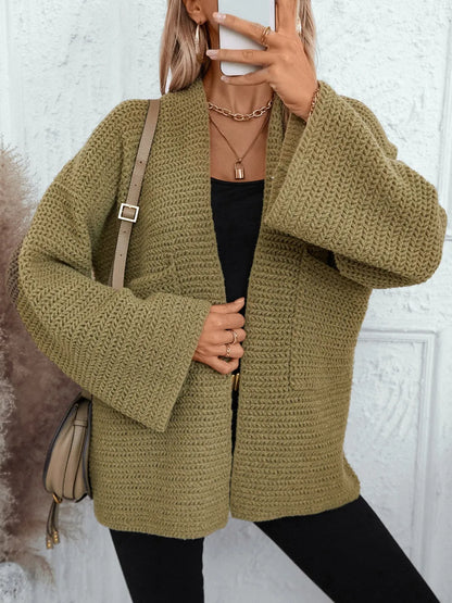 Open Front Long Sleeve Cardigan - -