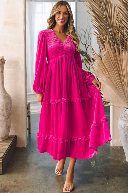 Rose Red Shirred V Neck Long Sleeve Velvet Dress - Rose Red 95%Polyester+5%Elastane - Dresses/Maxi Dresses