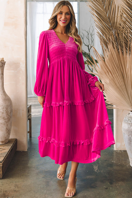 Rose Red Shirred V Neck Long Sleeve Velvet Dress - Rose Red 95%Polyester+5%Elastane - Dresses/Maxi Dresses