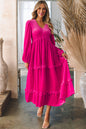 Rose Red Shirred V Neck Long Sleeve Velvet Dress - Rose Red 95%Polyester+5%Elastane - Dresses/Maxi Dresses