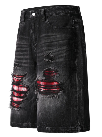 Men's Distressed Denim Shorts with Plaid Patches - -