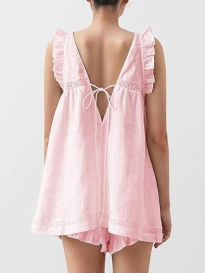 Ruffle Trim V-Neck Top and Shorts Set- Shopimist- {{Product type}}