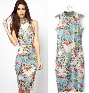 Vintage Floral Sleeveless Bodycon Dress for Women - - dress