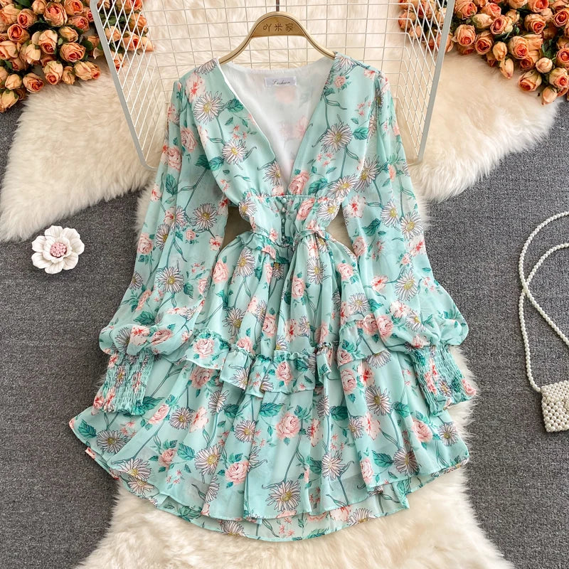 V-Neck Ruffle Lantern Sleeve Crushed Chiffon Dress Woman