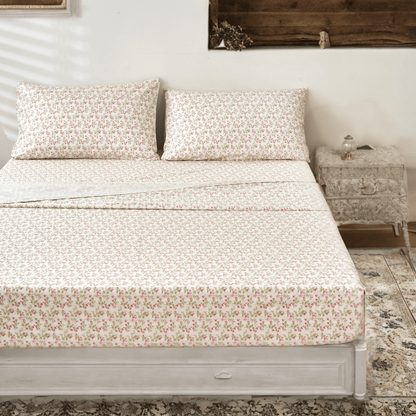 DaDa Bedding Collection Romantic Coquette Sheet Set - 100% Cotton [ Poplin Cotton ] Floral Fitted & Flat Sheets with Pillowcases - Deep Pocket Design - Soft, Breathable, Wrinkle-Resistant- DaDalogy Bedding Collection- {{Product type}}