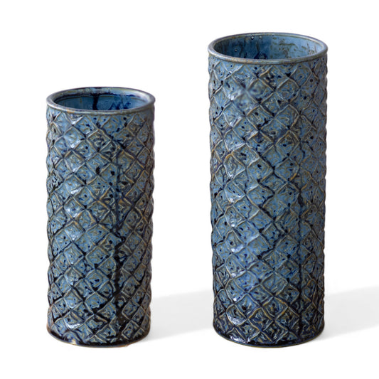 Blue Ceramic Diamond Pattern Vase 2 Sizes - - Vases & Vessels