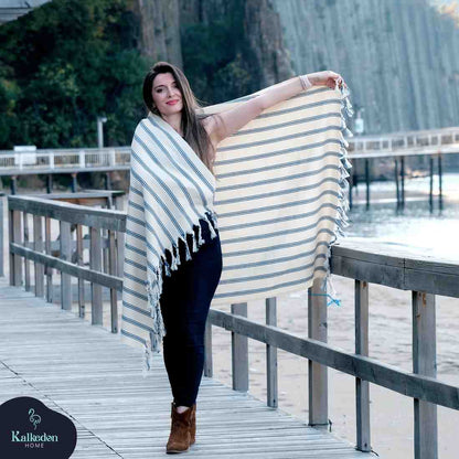 Dark Blue Striped Handwoven Turkish Towel - - Towels