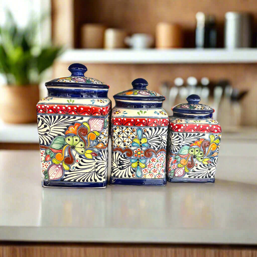 Talavera Canister Set Dark Blue Mexican Kitchen Storage Jars - - Talavera Canister Set