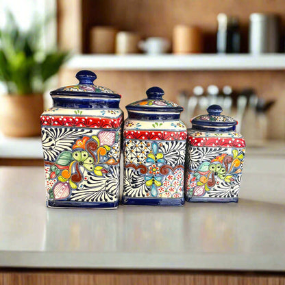 Talavera Canister Set Dark Blue Mexican Kitchen Storage Jars - - Talavera Canister Set