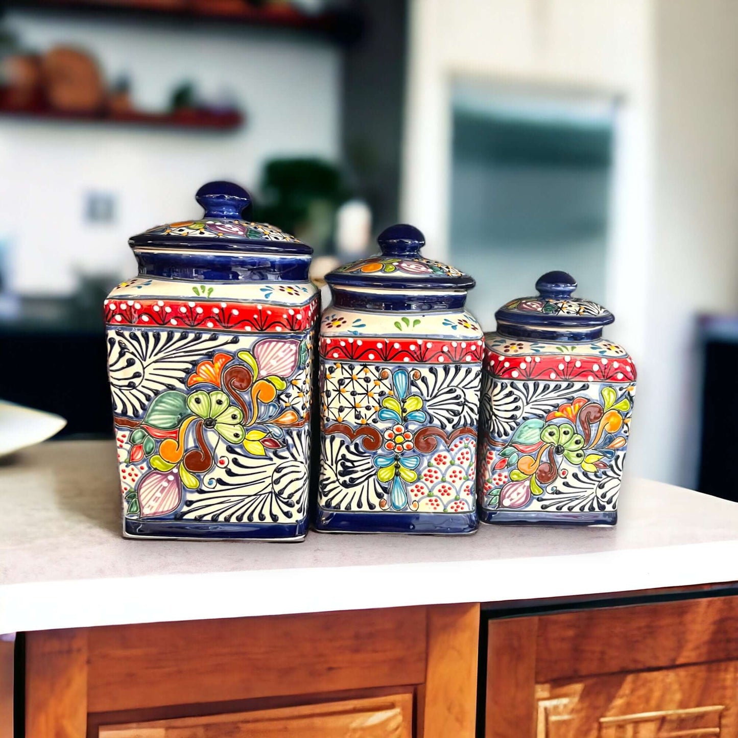 Talavera Canister Set Dark Blue Mexican Kitchen Storage Jars - - Talavera Canister Set