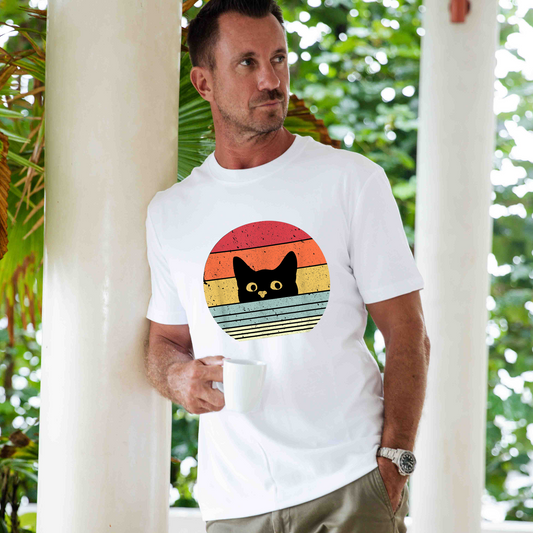 Hawaiian Tee For Men Retro Cute Cat Tee Crew Neck 100% Cotton - WHITE By Shawn - - Tee Shirts