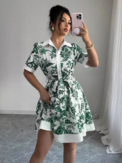Floral Print Button-Front Shirt Dress - -