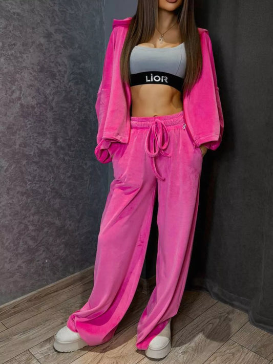 Zip Up Cropped Outerwear and Pants Set - Deep Pink -