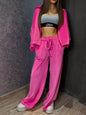 Zip Up Cropped Outerwear and Pants Set - Deep Pink -