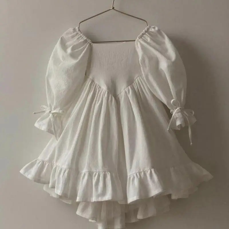 Girls Solid Ruffle Puff Sleeve Cotton Linen Dress