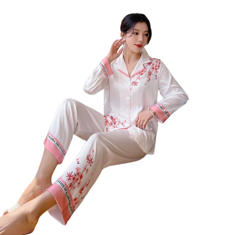 Women's Silk Pajamas Lapel Satin Sleepwear Long Sleeve Lady Night Wear