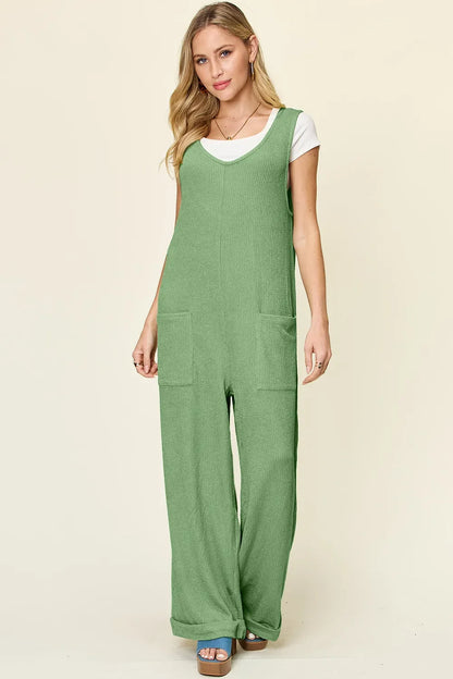 Double Take Full Size Texture Sleeveless Wide Leg Jumpsuit - Light Green -