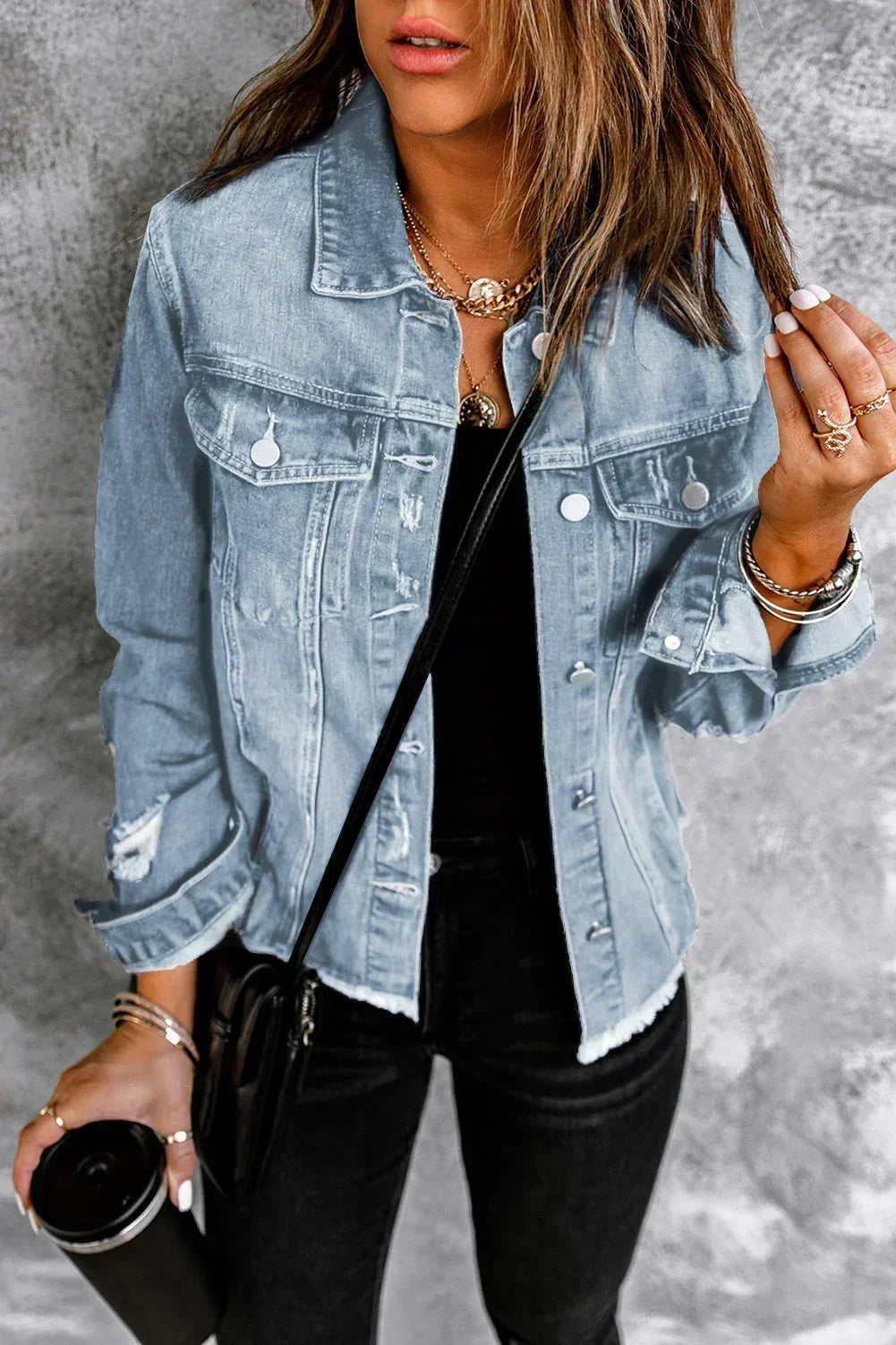 Light Blue Distressed Denim Jacket with Raw Hem – Femstylo- Femstylo- {{Product type}}