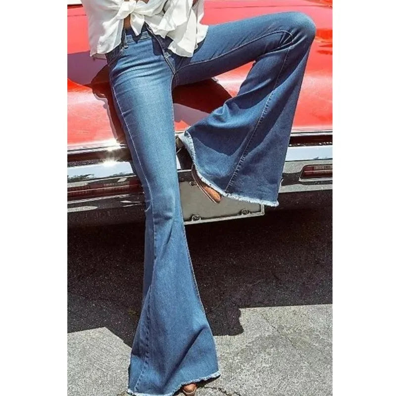 5 Color Mid Waist Flare Pants Women Retro Denim Jeans