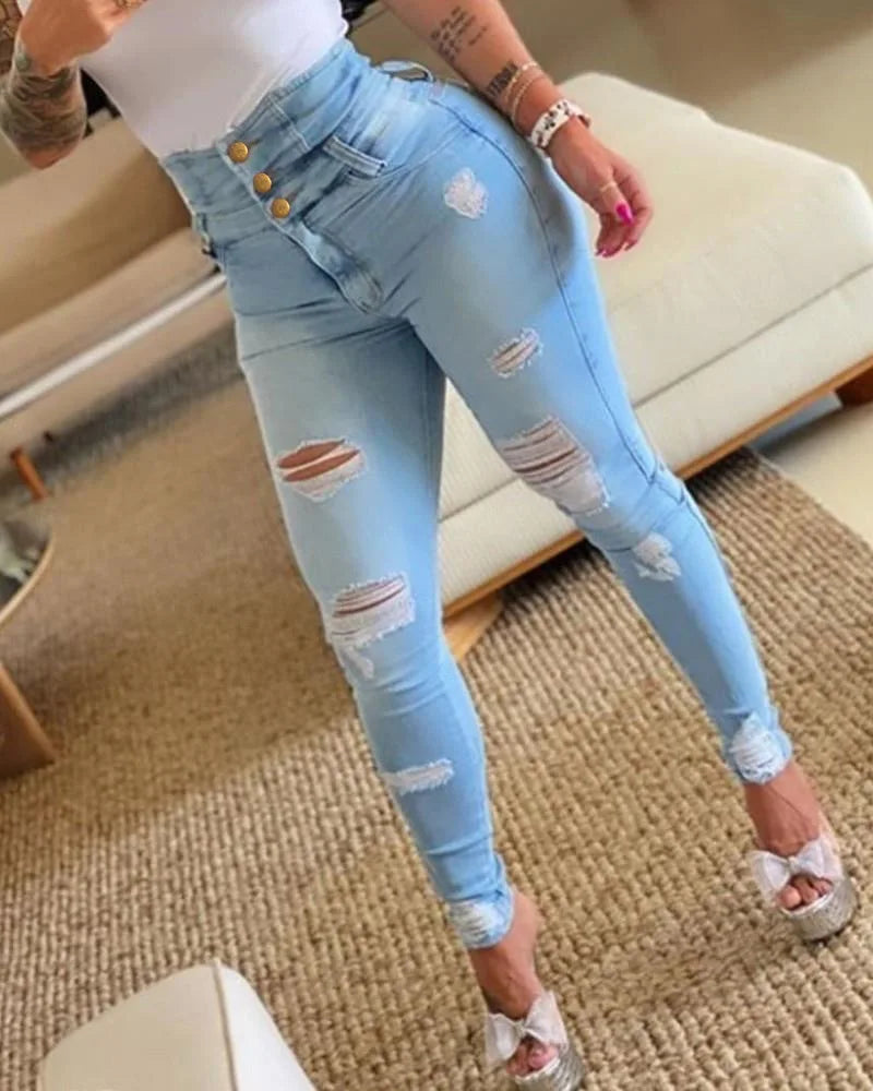 Ripped Jeans High Waist Casual Long Pant Denim Jeans for Women