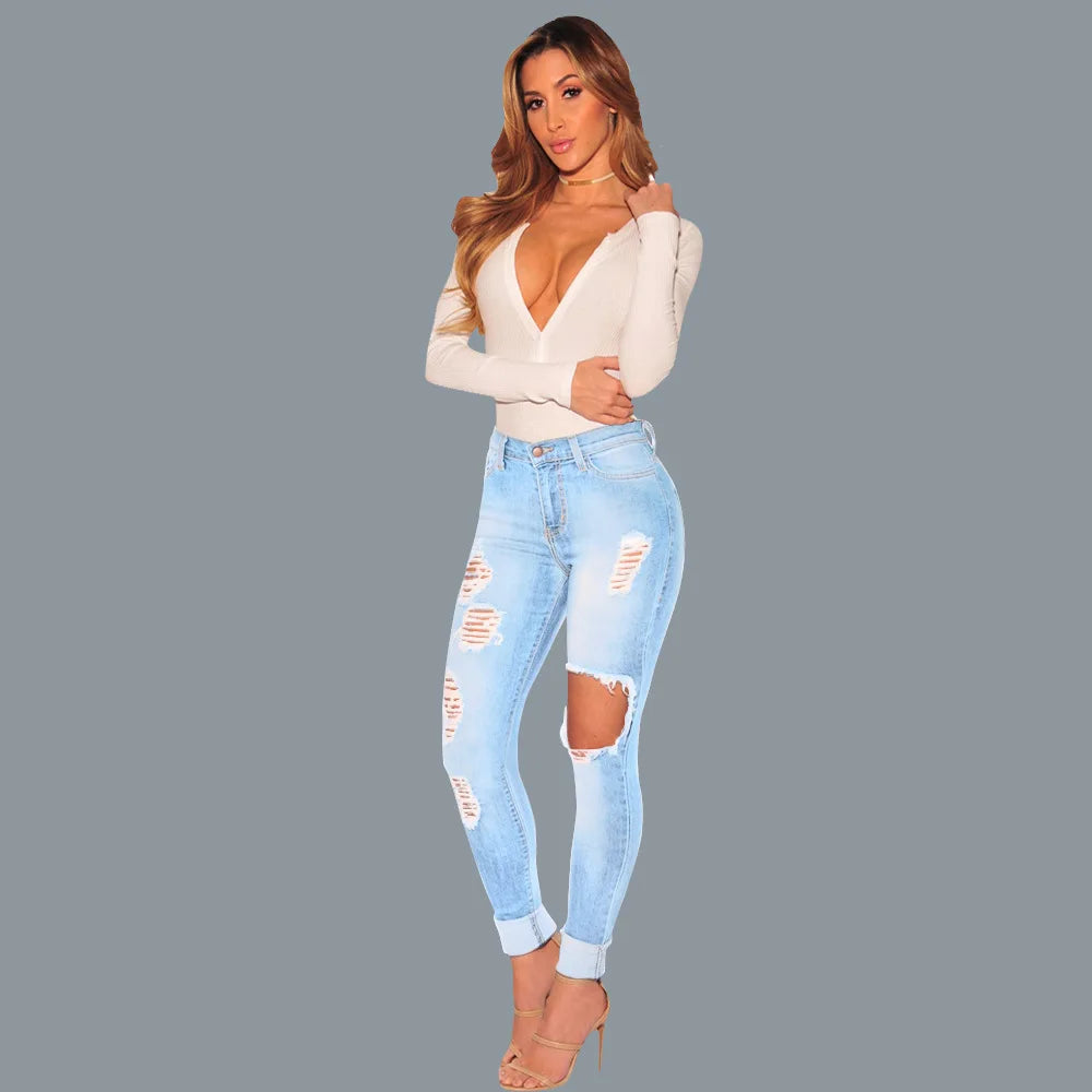 High Waist Ripped Jeans Stretch Distressed Denim Pants